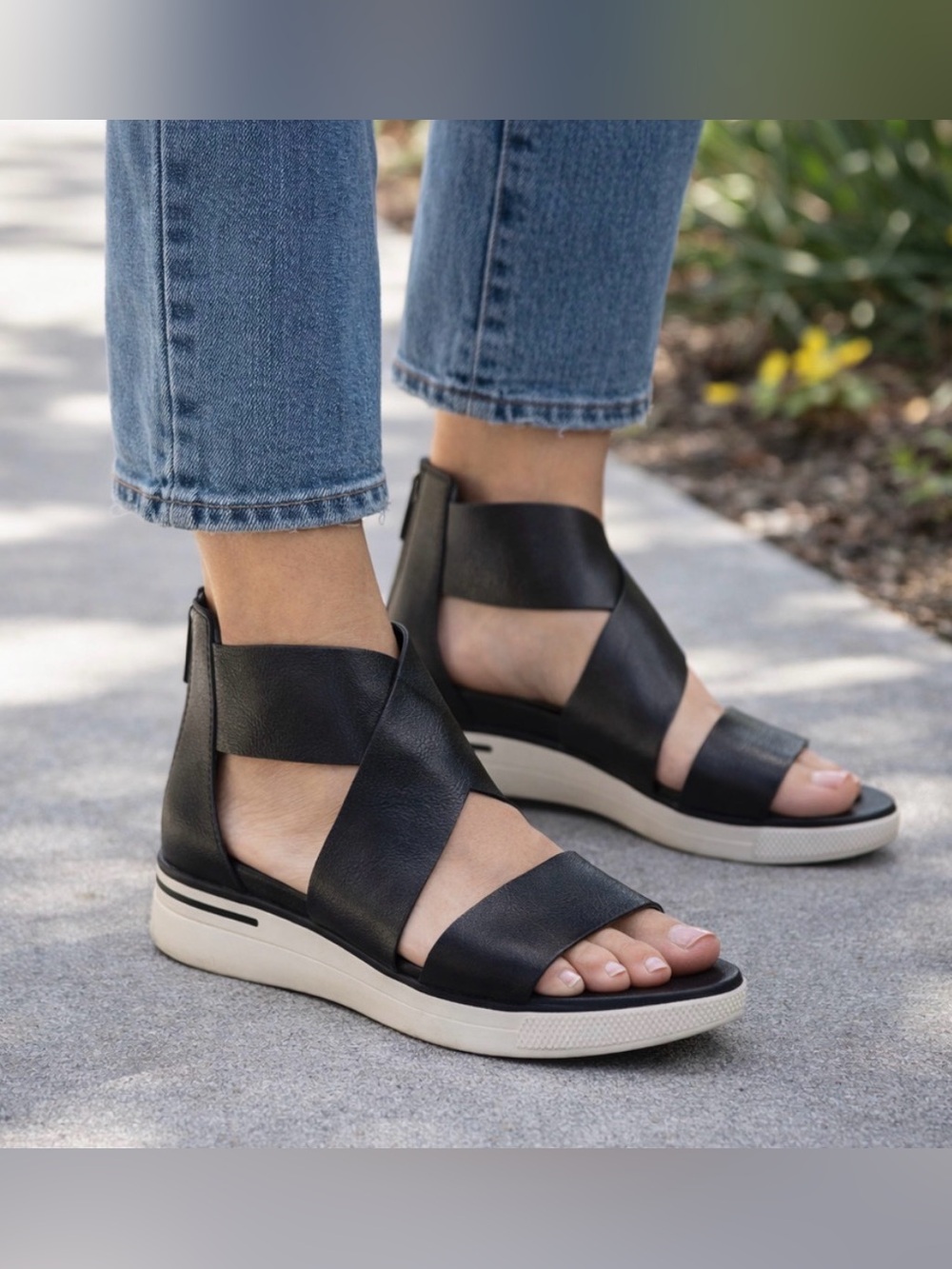 Eileen Fisher Black Leather Sport Tumbled Sneaker Sandal w Back Zipper Entry - 8